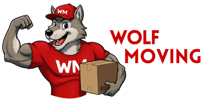 Wolf Moving mascot flexing his arm while carrying a box next to the words "Wolf Moving"