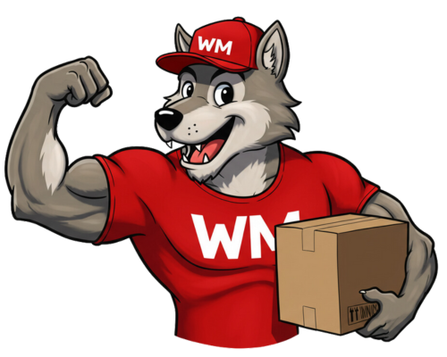 Wolf Moving mascot flexing his arm while carrying a box.