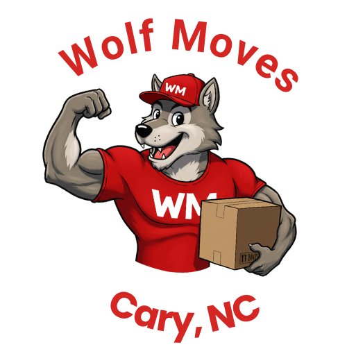 Wolf Moving mascot with the words: "wolf moves cary, NC"