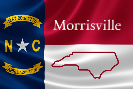 Morrisville NC flag | Wolf Moving North Carolina flag with "Morrisville" on the red part of the flag and the outline of NC on the white part of the flag below it.