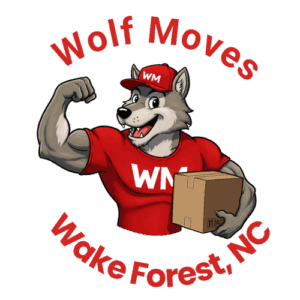 Wolf moving mascot with the words: "wolf moves Wake Forest, nc"