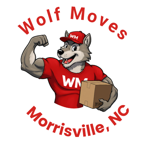 Wolf moving mascot with the words: "wolf moves morrissville, nc"