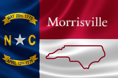 North Carolina flag with Morrisville on the red part of the flag and the outline of NC on the white part of the flag