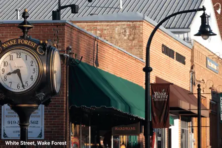 Clock and stores on White Street, in downtown Wake forest, NC