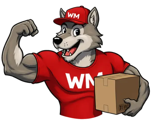 Wolf Moving mascot flexing his arm while carrying a box.