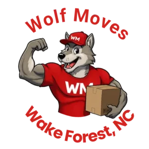 Wolf moving mascot with the words: "wolf moves Wake Forest, nc"